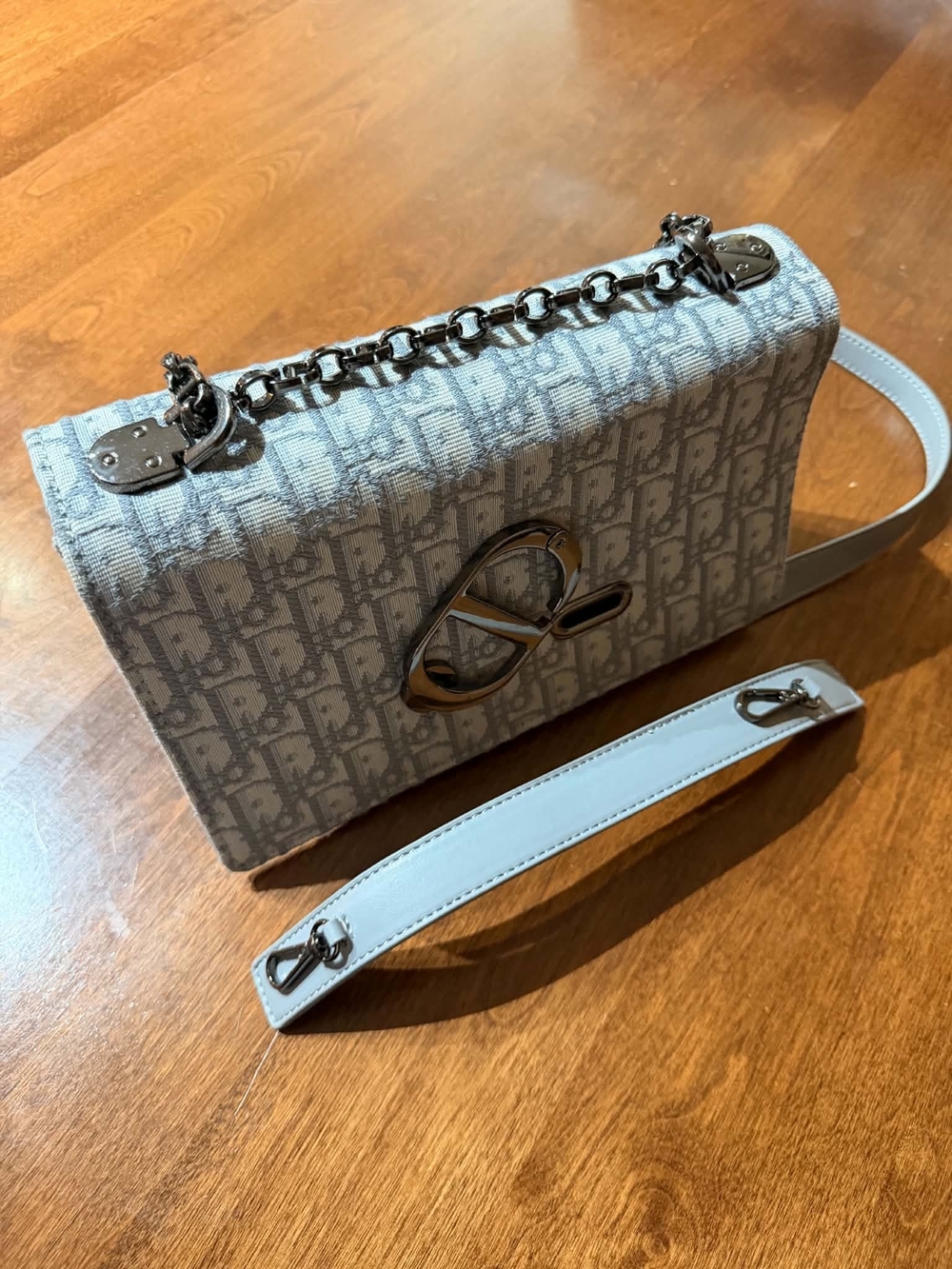 Dior Light Gray Oblique Canvas Shoulder Bag with Silver Hardware
